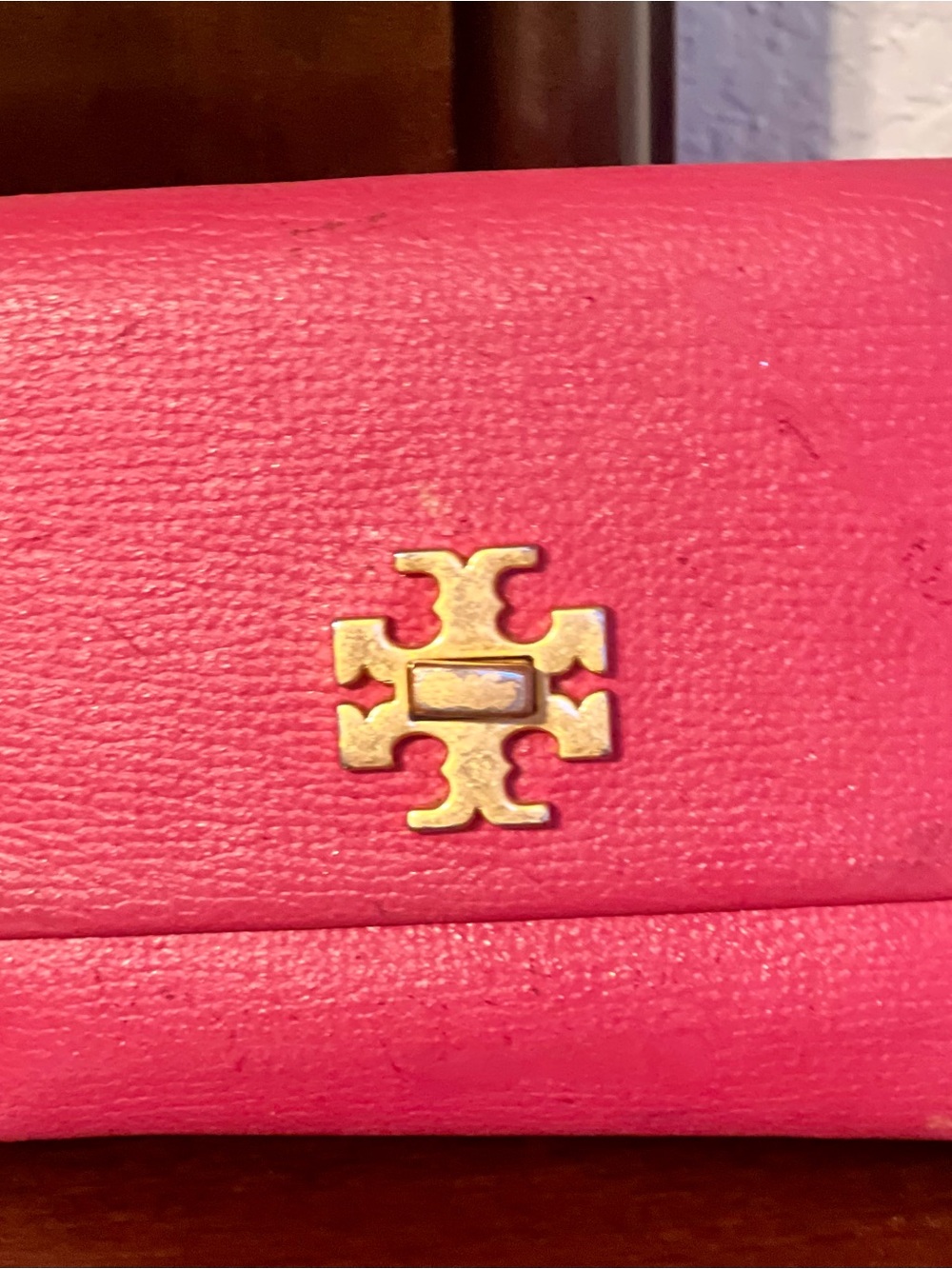 Tory Burch Bright Pink Leather Logo Wallet with Gold Emblem